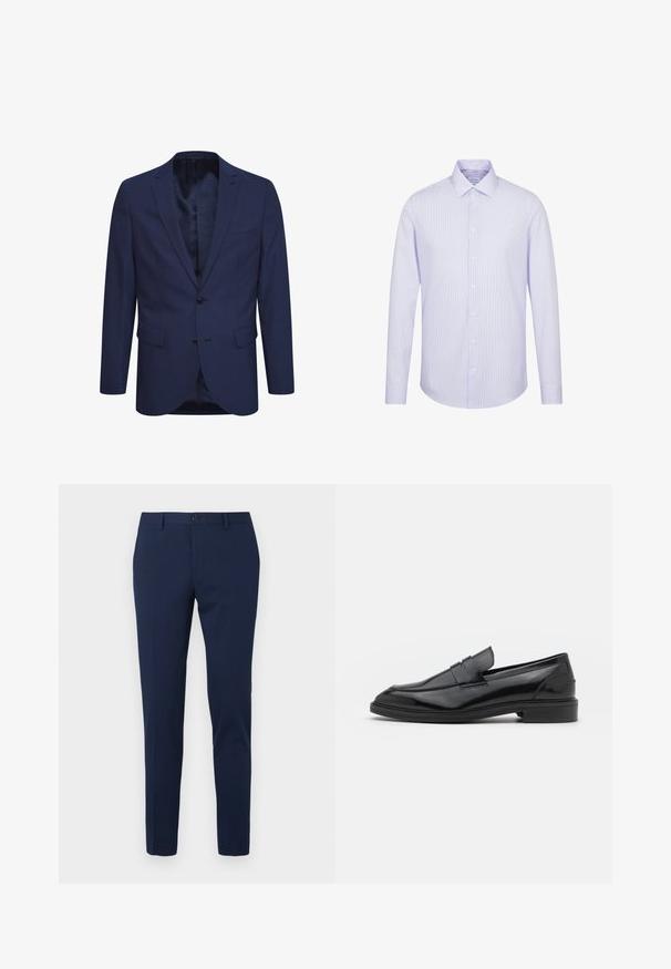 Marineblaues Blazer aus strukturiertem Stoff, mit einer Zwei-Knopf-Verschluss, einem geflammten Revers und Taschen auf der Vorderseite. Innen ist das Blazer mit einem gemusterten Futter ausgestattet.; Herrenhemd mit langen Ärmeln, Knopfleiste, hellvioletten vertikalen Nadelstreifen und klassischem Kragen vor weißem Hintergrund.; Marineblaue Anzughose mit geradem Bein, gefertigt aus einem glatten Stoff. Verfügt über einen vorderen Knopfverschluss und zwei Seitentaschen.; Schwarze Lederloafers mit glatter Oberfläche, runder Spitze und schmalem Riemen über dem Obermaterial. Niedriger, gestapelter Absatz.