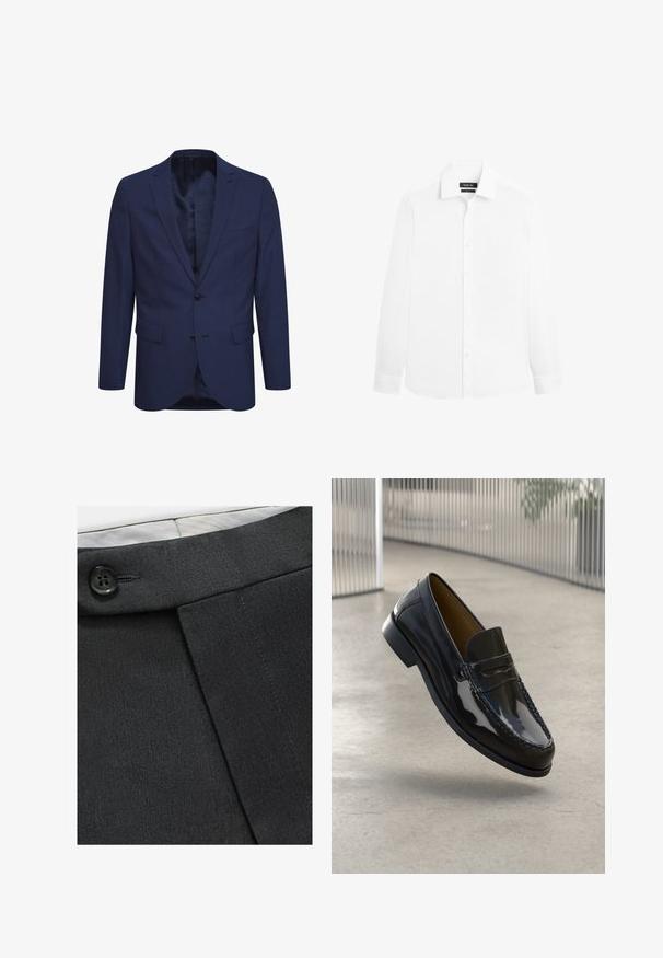 Marineblaues Blazer aus strukturiertem Stoff, mit einer Zwei-Knopf-Verschluss, einem geflammten Revers und Taschen auf der Vorderseite. Innen ist das Blazer mit einem gemusterten Futter ausgestattet.; Weißes Herrenhemd mit langen Ärmeln, Kragen und Knopfleiste vorne, auf weißem einfarbigem Hintergrund dargestellt.; Schwarze maßgeschneiderte Hosen aus glattem Stoff, mit Knopfdetails am Bund und einem gefalteten Design für eine strukturierte Form.; Schwarze Lacklederloafers mit einer gestickten Akzentuierung, runder Zehenpartie, niedrigem Absatz und glatter Oberfläche, vor einem neutralen Hintergrund präsentiert.