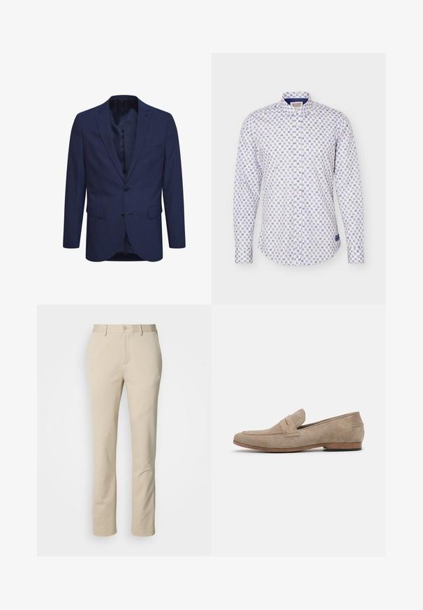 Blazer azul marino hecho de tela texturizada, con cierre de dos botones, solapa con muesca y bolsillos frontales. El interior tiene un forro estampado.; Camisa blanca abotonada con patrón floral geométrico azul, mangas largas y cuello estándar.; Pantalones de algodón beige con un diseño de pierna recta, cierre de botón y parte delantera plana. El material tiene una textura suave y un detalle mínimo.; Mocasín de ante beige con costuras mínimas, tacón plano y suela de cuero. Presenta un acento de correa única cerca del vampiro. Silueta plana.
