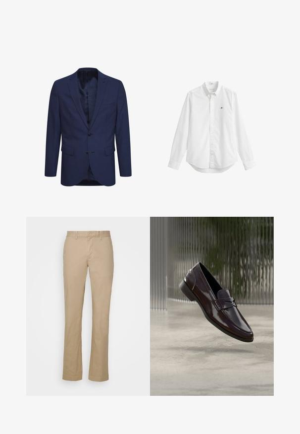 Marineblaues Blazer aus strukturiertem Stoff, mit einer Zwei-Knopf-Verschluss, einem geflammten Revers und Taschen auf der Vorderseite. Innen ist das Blazer mit einem gemusterten Futter ausgestattet.; Weißes Hemd mit langen Ärmeln, Knöpfen vorne, einem Kragen und einem kleinen gestickten Logo auf der linken Brust.; Beige gerade geschnittene Hosen aus Baumwollstoff mit flachem Bund und Gürtelschlaufen. Mit einem einzelnen Knopfverschluss und umgeschlagenen Säumen.; Braune Leder-Loafer mit glänzendem Finish, die eine erhabene Naht und ein kleines ausgestanztes Detail an der Vorderseite aufweisen, sowie eine flache schwarze Sohle.