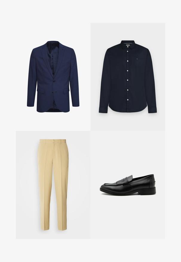 Marineblaues Blazer aus strukturiertem Stoff, mit einer Zwei-Knopf-Verschluss, einem geflammten Revers und Taschen auf der Vorderseite. Innen ist das Blazer mit einem gemusterten Futter ausgestattet.; Herrenlangarm dunkelblaues Hemd mit Kragen und weißen Knöpfen, dargestellt auf hellgrauem Hintergrund.; Beige maßgeschneiderte Hose mit geradem Schnitt, flachem Frontteil und seitlichen Taschen. Hergestellt aus einem glatten Stoff mit leichtem Glanz.; Schwarzer Leder-Herrenloafer mit Quasten-Detail, abgerundeter Spitze, niedrigem Absatz und glatter, polierter Oberfläche, von der Seite auf weißem Hintergrund dargestellt.