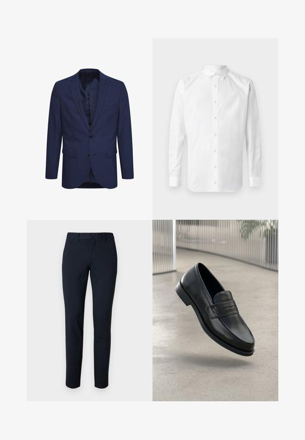 Marineblaues Blazer aus strukturiertem Stoff, mit einer Zwei-Knopf-Verschluss, einem geflammten Revers und Taschen auf der Vorderseite. Innen ist das Blazer mit einem gemusterten Futter ausgestattet.; Weißes Langarm-Hemd mit klassischem Kragen, Knopfleiste und glatter Baumwolltextur.; Marineblaue Hose mit feinen vertikalen Streifen, aus einem glatten Stoff gefertigt. Verfügt über einen Knopfverschluss und eine taillierte Passform mit geraden Beinen.; Schwarzer Lederloafer mit glatter Textur, spitzer Zehe und einem dekorativen Riemen über dem Rist. Leichte Sohle, minimalistisches Design.