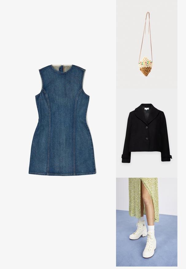 Veste noire courte avec col cranté, deux boutons à l'avant et poignets boutonnés. Fabriquée dans un tissu à la texture lisse.; Robe sans manches en denim avec un col rond, silhouette cintrée et fermeture éclair centrale. Présente des coutures visibles et un délavage bleu foncé.; Des baskets montantes blanches avec plateforme, lacets et œillets argentés, associées à des chaussettes blanches mi-mollet, sur un sol bleu clair.; Petit sac suspendu en forme de cornet de glace, fait de perles beige et marron avec des accents de perles colorées, sur un cordon fin torsadé.