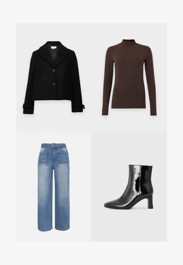 Sort cropped jakke med spidse kraver, to frontknapper og knappede manchetter. Fremstillet af stof med en glat tekstur.; Brun langærmet turtleneck-top lavet af blødt stof. Tætsiddende design med høj krave og sømløse ærmer. Ingen synlige mønstre eller hardware.; Højtaljede vidde blå denimjeans med forlommer og et matchende bælte med en firkantet metalspænde.; Sort lakeret ankelstøvle med spids tå og en midt-højde blokhæl. Glat tekstur og minimalistisk design.