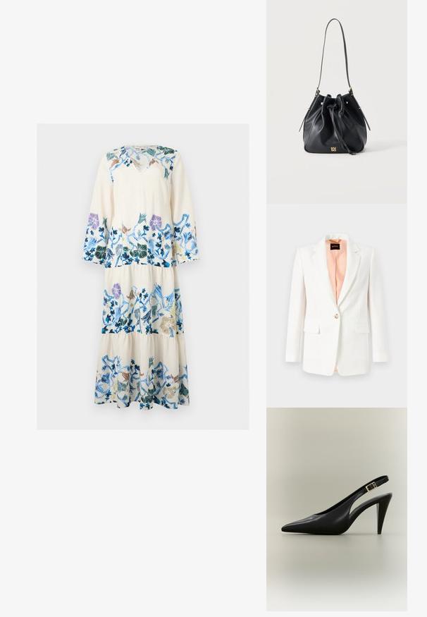 Blazer blanc avec un col cranté, fermeture à un bouton, et deux poches avant. Doublé en tissu pêche doux. Texture lisse, coupe ajustée.; Robe maxi crème à manches longues avec col en V et broderies florales bleu, violet, vert et marron sur les manches, le corsage et la jupe.; Escarpin à bride arrière en cuir noir avec bout pointu, boucle dorée et talon effilé sur un fond neutre.; Sac seau en cuir noir avec fermeture à cordon, une seule bandoulière et petit logo doré "HUGO" au centre devant.