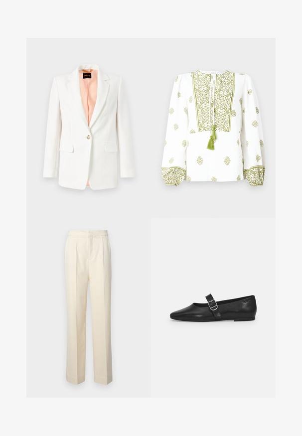 Blazer blanc avec un col cranté, fermeture à un bouton, et deux poches avant. Doublé en tissu pêche doux. Texture lisse, coupe ajustée.; Blouse blanche ornée de broderies florales vertes, avec un col en fente agrémenté d'un pompon, et des manches longues froncées avec des poignets assortis.; Pantalons taillés de couleur crème avec une jambe droite, présentant des plis sur le devant et une finition lisse. La taille est plate et sans ornements.; Chaussure plate en cuir noir avec un bout arrondi, une seule sangle réglable à boucle et une texture lisse et brillante. Design minimaliste avec un petit talon.