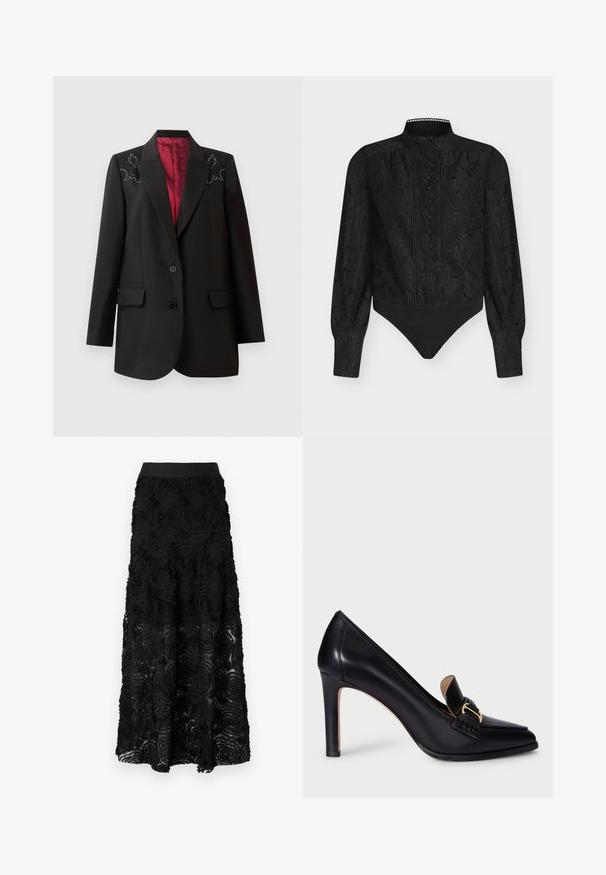 Sort skræddersyet blazer med dyb rød foring, der har blomsterbroderi på skuldrene og to forlommer. To-knap lukning.; Sort blonderet body med lange ærmer, høj krave og knapdetaljer ned langs fronten med en solid sort bundsektion.; Maje JOSINO - Maxinederdele - noir; Sort læder højhælet sko med spids tå og en dekorativ rem med en guld spænde. Glat tekstur og elegant design.