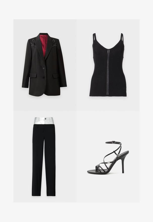 Blazer negro a medida con un forro rojo intenso, que presenta bordados florales en los hombros y dos bolsillos frontales con solapa. Cierre de dos botones.; Top corto de canalé negro con escote redondeado, tirantes delgados y una fila vertical de remaches plateados a lo largo de la costura central.; Pantalones negros con una cinturilla plateada brillante. Cuenta con un cierre de botón y cuatro bolsillos, con un corte entallado y un diseño de pierna recta.; Sándalo negro de tacón alto con tiras finas, hebilla en el tobillo, superficie de cuero suave y tacón de aguja esbelto.