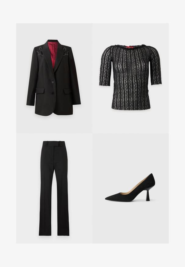 Blazer negro a medida con un forro rojo intenso, que presenta bordados florales en los hombros y dos bolsillos frontales con solapa. Cierre de dos botones.; Top corto negro de encaje con manga corta, patrón de rayas onduladas verticales y escote redondo, tejido semitransparente sobre fondo liso claro.; Pantalones negros de cintura alta y corte a medida, con trabillas para cinturón, piernas rectas y cierre frontal con cremallera, mostrados sobre un fondo liso.; Zapato de tacón alto de ante negro con punta afilada, que cuenta con un tacón de bloque negro brillante y un forro interior suave.