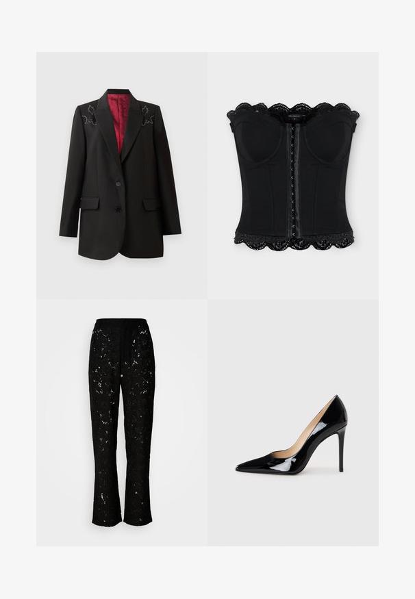 Blazer negro a medida con un forro rojo intenso, que presenta bordados florales en los hombros y dos bolsillos frontales con solapa. Cierre de dos botones.; Corsé negro sin tirantes con cierre frontal de ganchos, copas moldeadas y ribete de encaje festoneado en los bordes superior e inferior.; Pantalones de encaje negro con un patrón floral, diseño de pierna ancha y textura suave. Presentan una cintura y una silueta fluida.; Zapato de tacón alto de charol negro con un diseño de punta afilada y una silueta elegante. Presenta un acabado suave y brillante y un tacón de aguja esbelto.