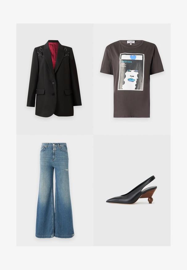 Sort skræddersyet blazer med dyb rød foring, der har blomsterbroderi på skuldrene og to forlommer. To-knap lukning.; Grafisk t-shirt i mørkegrå bomuld med et farverigt print af en kvindes ansigt med blå læber og et blåt hjerte, rund halsudskæring og korte ærmer.; CLOSED GLOW UP - Wide leg - mid blue; Sort slingback-sko med spids tå, træblokhæl med rund form og glat læderoverdel på en lysegrå baggrund.