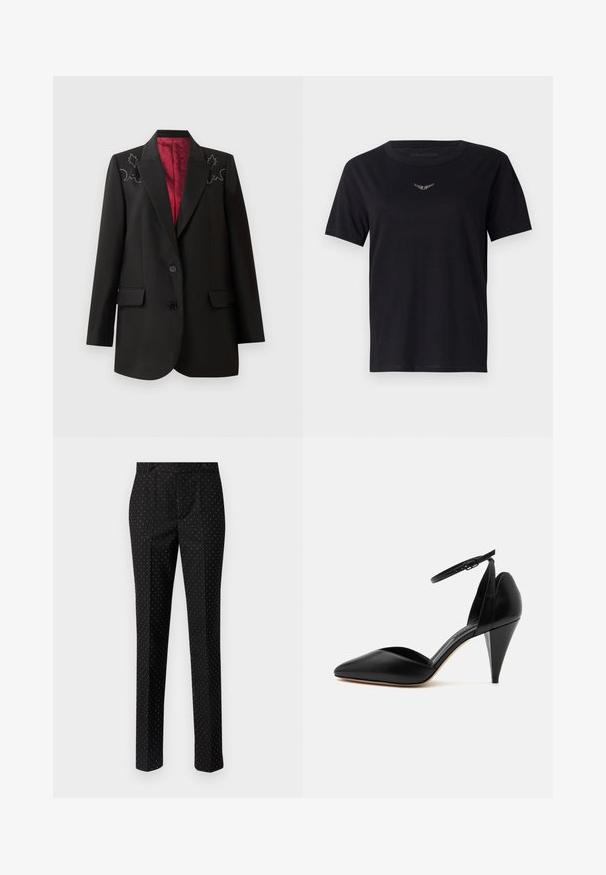 Sort skræddersyet blazer med dyb rød foring, der har blomsterbroderi på skuldrene og to forlommer. To-knap lukning.; Sort bomulds T-shirt med rund hals, korte ærmer og et subtilt, tekstureret logo i sølv på brystet. Glat stoffinish.; Sorte bukser med slank pasform, der har et diskret hvidt prikket mønster, to forlommer og en glat stoftekstur.; Sort læder højhælet sko med spids tå, ankelrem og kegleformet hæl på hvid baggrund.
