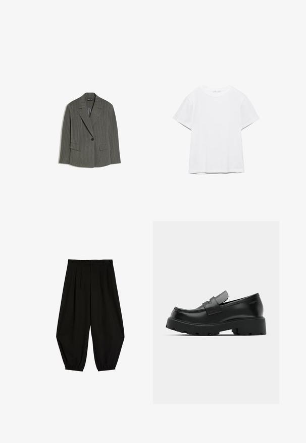Blazer gris foncé à fines rayures avec revers crantés, fermeture à un bouton noir unique, et deux poches avant à rabat, posé à plat sur fond blanc.; T-shirt blanc uni à manches courtes et col rond, avec un ourlet droit, présenté sur un fond blanc.; Pantalon noir à jambes larges et courtes avec plis, passants de ceinture et bas élastiqués aux chevilles sur fond blanc.; Mocassins en cuir noir avec une semelle épaisse et texturée, dotés d'une sangle sur le vamp et d'une finition lisse et polie.
