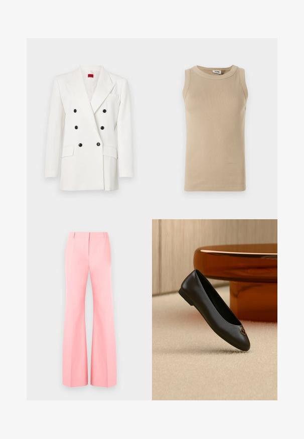 Blazer blanc à double boutonnage avec des boutons noirs, revers à cran, deux poches avant et une finition en tissu texturé. Étiquette de marque rouge à l'intérieur.; Top sans manches beige en tissu côtelé avec un col rond, présentant des coutures ton sur ton et un design ajusté.; Pantalons larges rose avec un design ajusté, présentant un devant plat et des plis soigneusement pressés. Tissu lisse et taille haute.; Ballerine plate en cuir noir avec un bout rond et un emblème de logo doré près du bout, présentée sur un tapis beige et un fond de meubles marron.