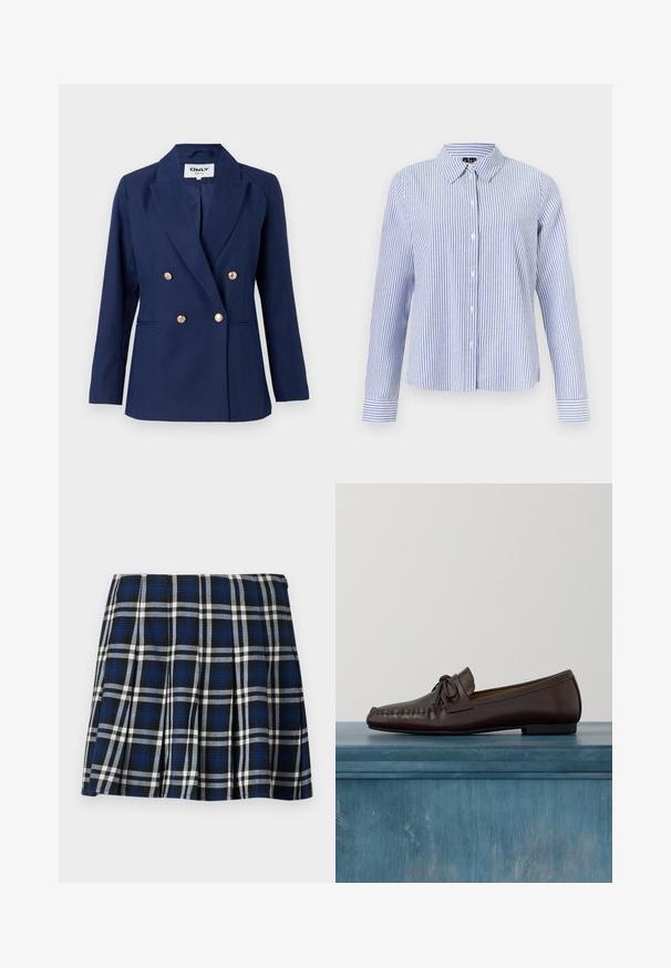 Blazer bleu marine croisé avec un col cranté, des boutons dorés et des poches latérales. Fabriqué en tissu texturé avec une coupe ajustée.; Chemise à manches longues boutonnée, avec des rayures verticales blanches et bleu clair et un col pointu, présentée sur un fond uni.; Jupe mini à carreaux avec des couleurs marine, noire et blanche. Dotée de plis et d'une texture lisse. Fermeture éclair sur le côté.; Mocassins en cuir marron avec un bout arrondi, un détail de nœud et des surpiqûres décoratives le long du devant. Semelle plate en caoutchouc noir.