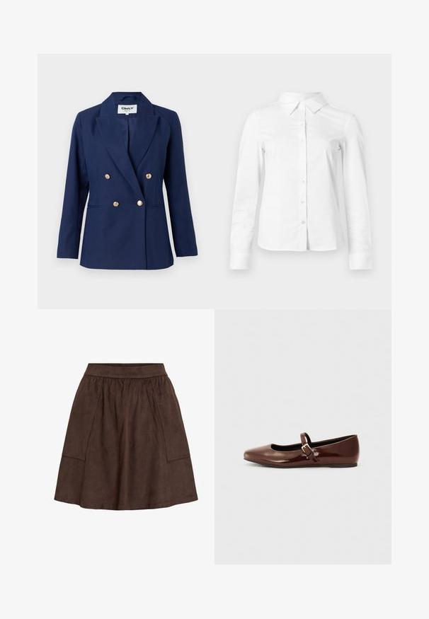 Blazer bleu marine croisé avec un col cranté, des boutons dorés et des poches latérales. Fabriqué en tissu texturé avec une coupe ajustée.; Chemise blanche à manches longues avec boutons, col pointu, ourlet droit et silhouette ajustée, présentée sur un fond clair uni.; Jupe en daim marron avec une ceinture élastique, dotée de poches latérales et d'une coupe évasée. Texture lisse et longueur jusqu'au genou.; Ballerine en cuir verni marron avec un bout carré et une lanière ornée d'une petite boucle dorée. Texture lisse, talon bas et design minimaliste.
