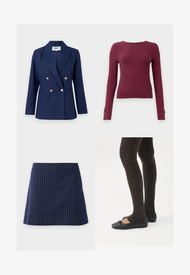 Blazer bleu marine croisé avec un col cranté, des boutons dorés et des poches latérales. Fabriqué en tissu texturé avec une coupe ajustée.; Pull en maille côtelée à manches longues bordeaux avec un col rond et des accents de boutons sur les poignets. Fabriqué dans un matériau en tricot texturé.; Jupe bleu marine avec de fines rayures verticales blanches et une coupe droite au-dessus du genou, présentée sur un fond blanc uni.; Jambes portant des leggings côtelés foncés associés à des ballerines noires avec de petits détails en nœud sur fond blanc.