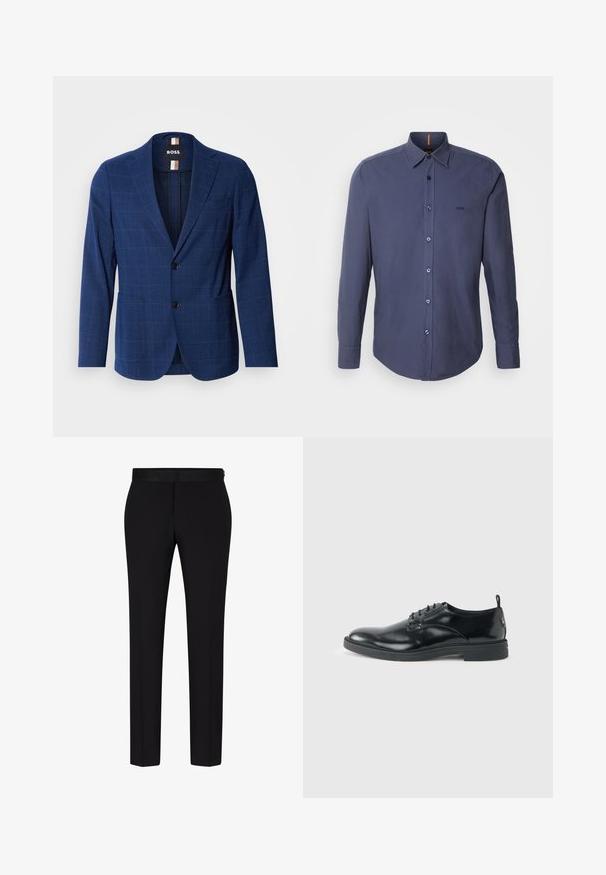 Navyblauer Blazer mit Karomuster, aus strukturiertem Stoff, mit einer Zwei-Knopf-Front, angeschnittenen Revers und zwei Seitentaschen.; Dunkelblauses Langarmhemd aus Baumwolle mit klassischem Kragen, abgerundetem Saum und Logo-Stickerei auf der Brust.; BOSS H GENIUS TUX 231 - Anzughose - black; Glänzender schwarzer Lederschuh mit niedrigem Absatz, Schnürverschluss und runder Kappe, seitlich auf hellem, schlichten Hintergrund gezeigt.