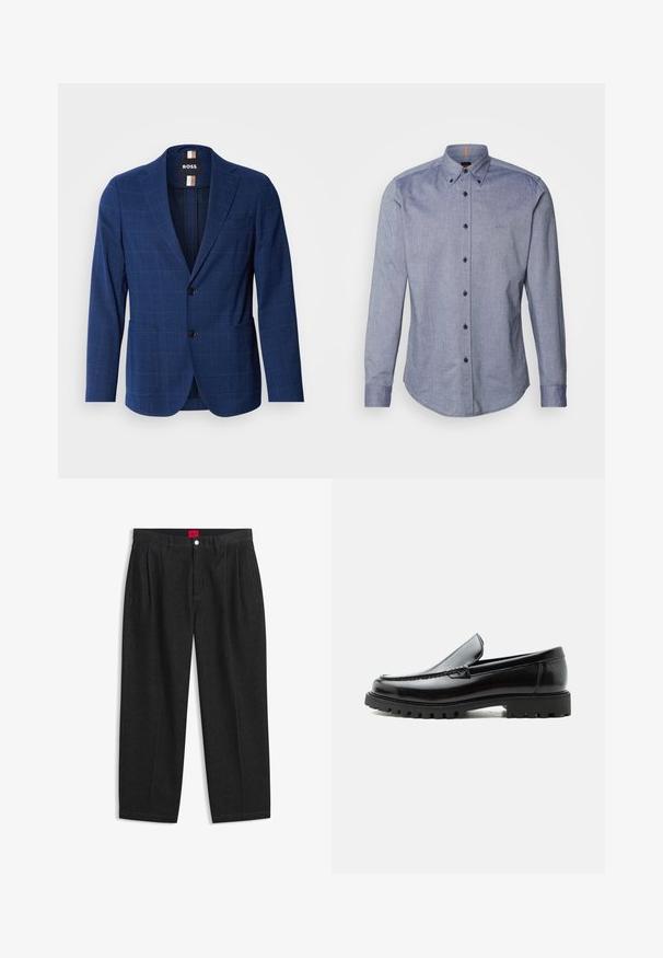 Navyblauer Blazer mit Karomuster, aus strukturiertem Stoff, mit einer Zwei-Knopf-Front, angeschnittenen Revers und zwei Seitentaschen.; Blaues Hemd mit Knopfleiste aus leichtem Stoff. Mit einem Kentkragen, langen Ärmeln und einem kleinen Logo auf der Brust. Vorderer Knopfverschluss.; Schwarze Hose mit hoher Taille, vorderen Falten, Gürtelschlaufen, Knopf- und Reißverschluss sowie einem roten Etikett innen am Bund.; Schwarzer Lederloafer mit grober Gummisohle, genähter Oberseite und geprägtem Markennamen an der Ferse, seitlich auf weißem Hintergrund gezeigt.