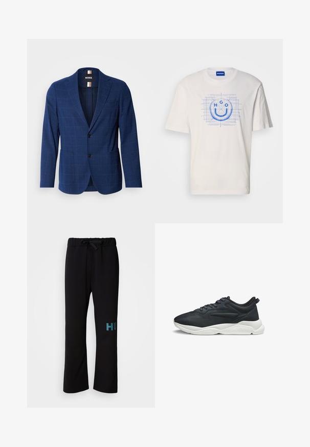 Marineblauwe blazer met een geruit patroon, gemaakt van textuurstof, met een twee knopenfront, notch revers en twee zijzakken.; Wit katoenen T-shirt met een blauw grafisch ontwerp van een smiley met de tekst "HGO", omrasterd op een rasterpatroon. Korte mouwen, ronde hals.; Zwarte joggingbroek met een trekkoord in de taille, voorzien van een wijde pijp en turquoise "HUGO" tekst op het linkerbeen. Zachte stoftextuur.; Zwarte sportschoenen met een bovenwerk van gestructureerde stof, een contrasterende witte rubberen buitenzool en een minimalistisch ontwerp. Voorzien van een vetersluiting.
