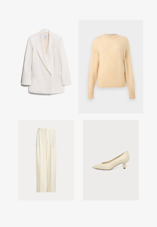 Hvid dobbeltbrystet blazer med skarpe revers, to frontlommer og glat tekstur. Etiketten siger "IVY OAK."; Kremfarvet, langærmet striktrøje med ribbede manchetter og kant samt en rund halsudskæring.; Skræddersyede bukser i cremefarve med forreste læg, bæltestropper og opsmøgede kanter, vist på en ensfarvet baggrund.; Kremfarvet pump med spids tå og lav, unik pæreformet hæl på ensfarvet hvid baggrund.