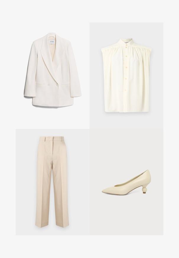Hvid dobbeltbrystet blazer med skarpe revers, to frontlommer og glat tekstur. Etiketten siger "IVY OAK."; Cremefarvet ærmeløs bluse med høj hals, knaplukning og samlede detaljer på skuldrene. Glat stoftekstur.; Beige højtaljede skræddersyede bukser med bæltestropper og lige ben, vist mod en ensartet hvid baggrund.; Kremfarvet damesko med spids snude og lav hæl, hvor hælen er rund og kugleformet, på en ensfarvet baggrund.