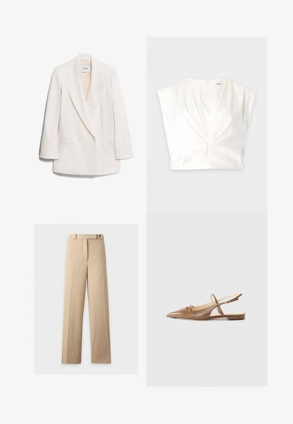 Hvid dobbeltbrystet blazer med skarpe revers, to frontlommer og glat tekstur. Etiketten siger "IVY OAK."; Hvid ærmeløs bluse med tvistet frontdetalje og lynlås bagpå, lagt fladt på en ensfarvet baggrund.; Beige og lysebrune houndstooth-mønstrede bukser med lige ben, bæltestropper og lukning foran på hvid baggrund.; Brune lædersandaletter med spidse tæer, to smalle stropper og en lav hæl. Glat tekstur med en poleret finish.