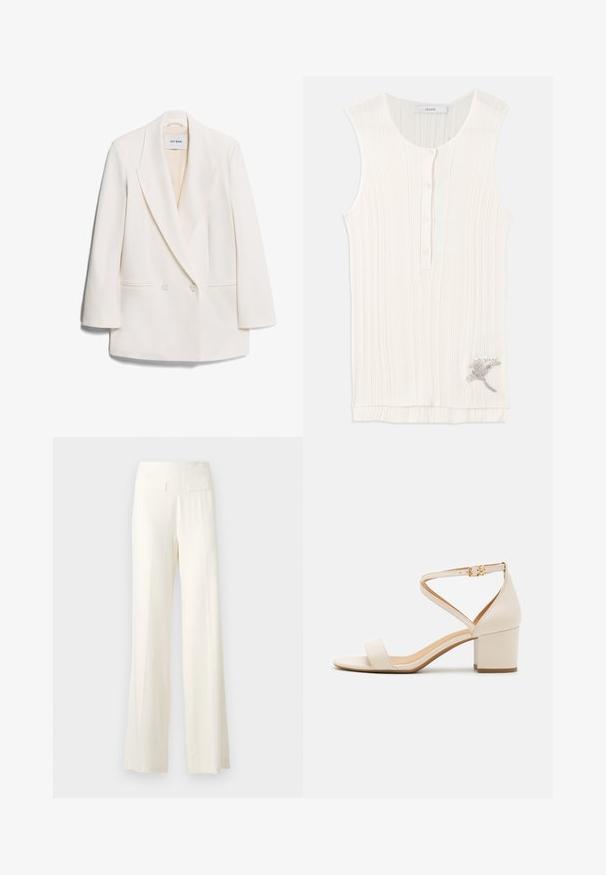 Witte dubbelgeknoopte blazer met scherpe revers, twee voorkeurszakken en een gladde textuur. Etiket leest "IVY OAK."; Mouwloze, geribbelde tanktop in off-white stof, met een knoopsluiting aan de voorkant en metallic bloemborduurwerk aan de onderrand.; Brede-pijpenbroek in ivoor met een structuurstof, voorzien van subtiele verticale streepjes en twee achterzakken.; Beige blokhak sandalen met een minimalistisch ontwerp, open neus en verstelbare enkelriem met een gouden gesp detail. Zachte textuur.