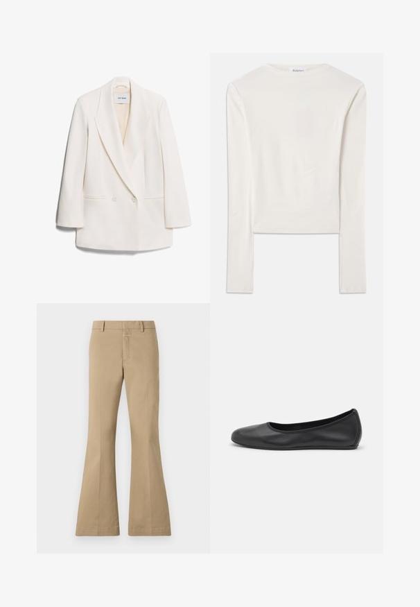 Witte dubbelgeknoopte blazer met scherpe revers, twee voorkeurszakken en een gladde textuur. Etiket leest "IVY OAK."; Witte lange mouw top van katoen, met een eenvoudige ronde hals en een slim fit. De stof is glad met een lichte stretch.; CLOSED FELISE - Broek - urban beige; Zwarte leren ballerina met een ronde neus, gladde textuur, minimale stikdetails en een flexibele zoolontwerp.