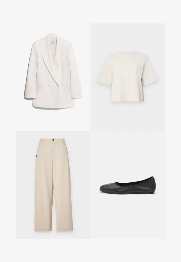 Hvid dobbeltbrystet blazer med skarpe revers, to frontlommer og glat tekstur. Etiketten siger "IVY OAK."; Karamelfarvet cropped t-shirt lavet af ribbet stof, med rund halsudskæring og korte ærmer i en afslappet pasform.; Beige bukser med vid ben, lavet af blødt stof, med en frontknaplukning, sidelommer og en afslappet pasform.; Sort læderballetsko med rund tå, glat tekstur, minimal syning og et fleksibelt såldesign.