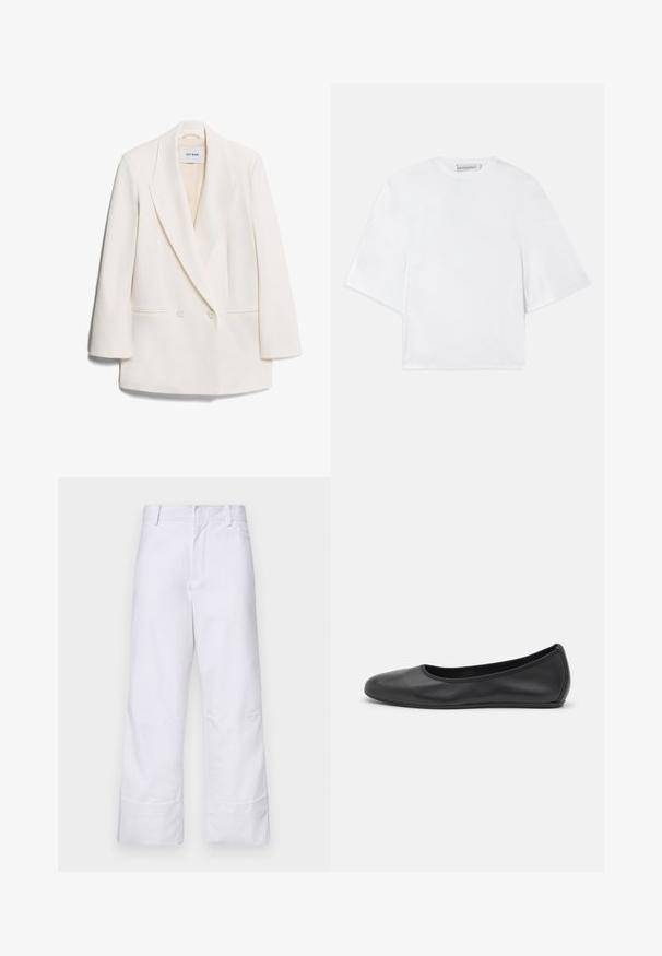 Witte dubbelgeknoopte blazer met scherpe revers, twee voorkeurszakken en een gladde textuur. Etiket leest "IVY OAK."; Witte, losse korte mouwen shirt met brede mouwen en een ronde halslijn, gelabeld met Viktor&Rolf aan de binnenkant van de kraag.; Witte katoenen broek met een rechte snit, voorzien van een omgeslagen zoom en zijzakken. Eenvoudig ontwerp zonder zichtbare patronen of accenten.; Zwarte leren ballerina met een ronde neus, gladde textuur, minimale stikdetails en een flexibele zoolontwerp.