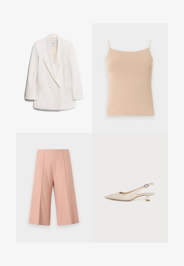 Hvid dobbeltbrystet blazer med skarpe revers, to frontlommer og glat tekstur. Etiketten siger "IVY OAK."; Beige strik camisole med tynde stropper, med en tætsiddende pasform og tekstureret stof, ideel til lag-på-lag styling eller afslappet brug.; AERON PEN - Shorts - mottled pink; Beige spids tå slingback sko med lav kitten hæl og justerbar side spænde på en ensartet hvid baggrund.