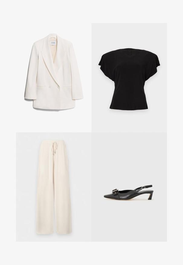 Hvid dobbeltbrystet blazer med skarpe revers, to frontlommer og glat tekstur. Etiketten siger "IVY OAK."; Sort kortærmet bluse med brede skuldre og V-hals, vist mod en ensfarvet lys baggrund.; Løse, cremefarvede bukser med elastik i taljen og bindebånd, lavet af letvægtsstof.; Sorte læder slingback sko med spidse tæer, lille hæl og dekorativ spænde detalje på overdelen. Glat tekstur, minimalistisk design.