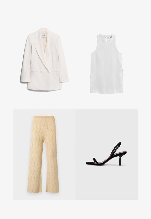 Blazer blanc à double boutonnage avec des revers pointus, deux poches avant et une texture lisse. L'étiquette indique "IVY OAK".; Blouse sans manches en lin blanc avec col rond et fermeture par bouton à œillet à l'arrière, avec fentes latérales pour plus de confort.; Pantalon en maille beige à jambes larges, présentant un motif chevrons avec de petits trous et un ourlet festonné.; Une sandale à talons hauts pour femmes en daim noir avec des lanières fines et une boucle dorée sur fond blanc, vue de côté.