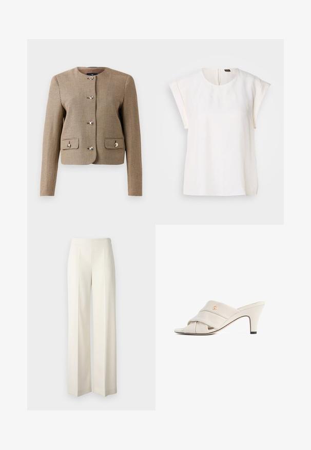 Chaqueta marrón de espiguilla con cuello, mangas largas, cinco botones brillantes y dos bolsillos frontales con solapa. Tejido texturizado con un corte ajustado.; Blusa blanca de manga corta con cuello redondo y corte holgado, con una pequeña etiqueta negra y naranja en la parte trasera del cuello.; Pantalones de pierna ancha blancos, confeccionados en una tela suave con pliegues en la parte delantera. Diseñados con una cintura alta y un acabado limpio.; Mules de tacón alto beige con diseño de tira de cuero torcida, punta abierta y detalle de logotipo en relieve. El tacón tiene un detalle en punta negra.