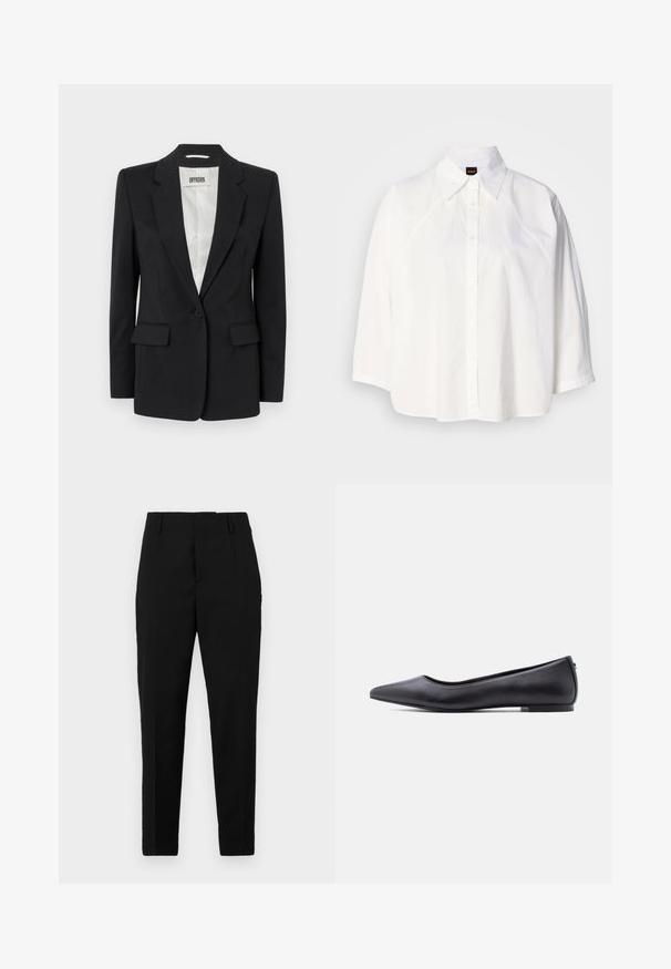 DRYKORN ATLIN - Blazer - black; Chemise blanche à manches courtes avec un col classique, une patte de boutonnage avant et un ourlet arrondi. Présente une texture lisse et des détails de couture subtils.; Pantalons noirs avec une coupe ajustée, dotés de poches latérales, d'une texture lisse et d'un design épuré qui se resserre vers la cheville.; Chaussure plate en cuir noire à bout pointu avec petit talon, vue de profil sur fond blanc.