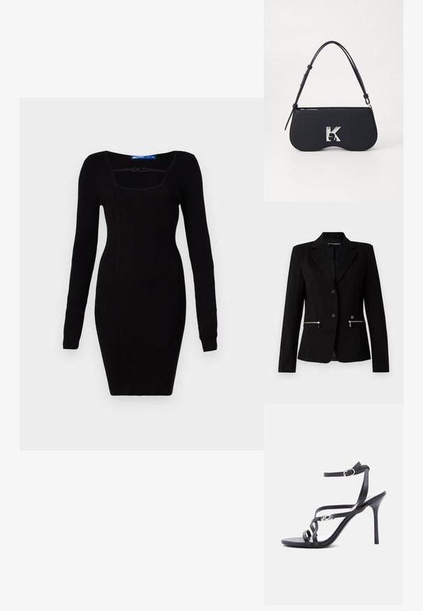 Blazer negro ajustado con cierre de un solo botón, bolsillos con cremallera plateados y un diseño elegante. Fabricado con una tela suave y resistente.; Karl Lagerfeld Jeans LOGO DRESS - Vestido de punto - black; Sandalia negra de tacón alto con tiras finas, hebilla en el tobillo y detalle de logo metálico en la tira lateral, sobre un fondo blanco.; Bolso negro con forma curva, material texturizado, logotipo plateado y una correa delgada. Cierre superior con cremallera y características de diseño minimalista.