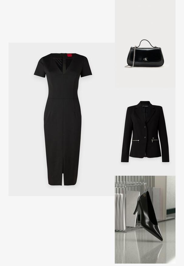 Zwarte op maat gemaakte blazer met een enkele knoopsluiting, zilveren ritszakken en een strakke uitstraling. Gemaakt van een gladde, stevige stof.; Zwart aansluitend jurkje met korte mouwen, V-hals, een split aan de voorkant en gestructureerd ontwerp. Gemaakt van een gladde, rekbare stof. Etiket zichtbaar.; Zwart hooggehakt schoen met puntige neus en gouden logo, geplaatst op een reflecterend oppervlak naast een verchroomde draadordner met documenten.; Zwarte leren handtas met een ketting schouderband, gestructureerde vorm en een zilveren logo-accent. Gladde textuur met een flapsluiting.