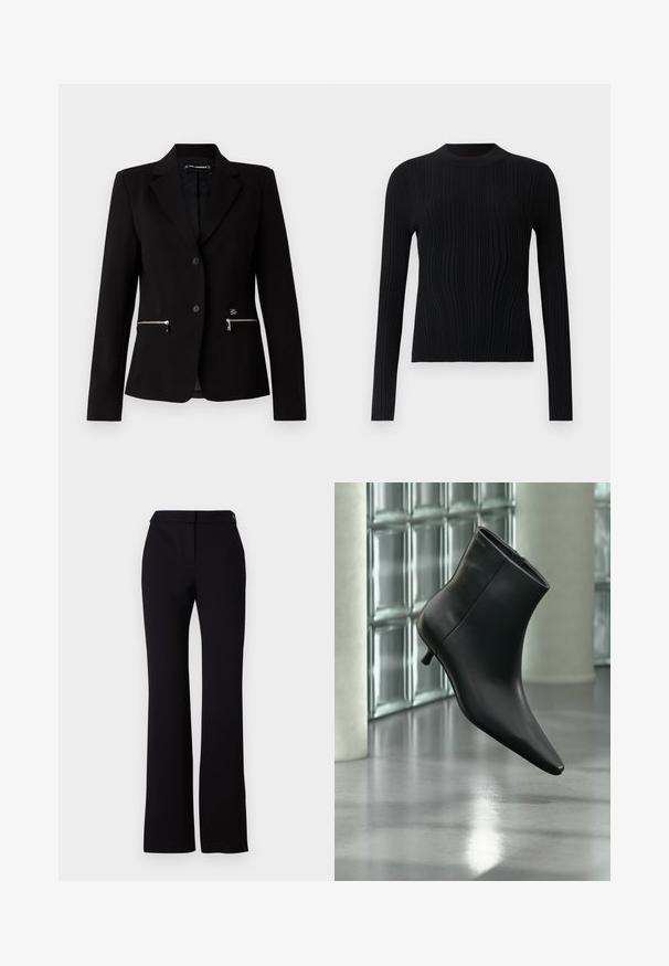 Zwarte op maat gemaakte blazer met een enkele knoopsluiting, zilveren ritszakken en een strakke uitstraling. Gemaakt van een gladde, stevige stof.; Zwarte geribde langemouwen trui met een hoge constante hals, getailleerde silhouette en fijne verticale brei textuur.; Zwarte broek met een rechte snit, een gladde textuur en een tailleband met een enkele knoopsluiting. Geen zichtbare patronen of accenten.; Zwarte leren enkellaars met spits toelopende neus en lage kittenhak, schuin weergegeven tegen een gepolijste vloer en een glazen blokken muur als achtergrond.