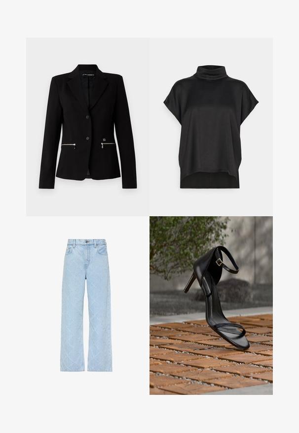 Sort skræddersyet blazer med en enkelt-knap lukning, sølvfarvede lynlåslommer og et elegant design. Lavet af et glat, holdbart stof.; Sort kortærmet top med en mock turtleneck. Blødt, glat stof med en løs drapering og en lige kant. Minimalistisk design, uden dekorationer.; Lyseblå denimjeans med høj talje og vide ben, med et diskret diamantquiltet mønster over det hele.; Sort højhælet sandal med ankelsnor, der ser ud til at svæve over et trægulv udendørs med sløret grønt og sten i baggrunden.
