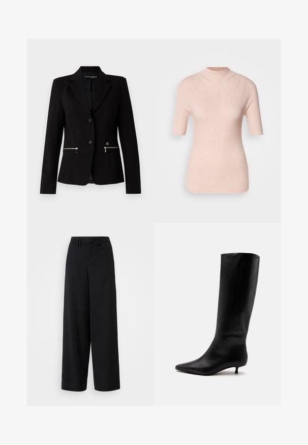 Blazer negro ajustado con cierre de un solo botón, bolsillos con cremallera plateados y un diseño elegante. Fabricado con una tela suave y resistente.; Top corto de manga corta en rosa claro con un cuello alto, que presenta un patrón ribeteado texturizado sobre un fondo neutro.; Pantalones de pierna ancha negros, hechos de una tela suave, con un diseño de frente plano, detalles plisados y trabillas en la cinturilla.; Bota alta de cuero negro hasta la rodilla con puntera puntiaguda y tacón bajo tipo kitten sobre un fondo claro y liso.
