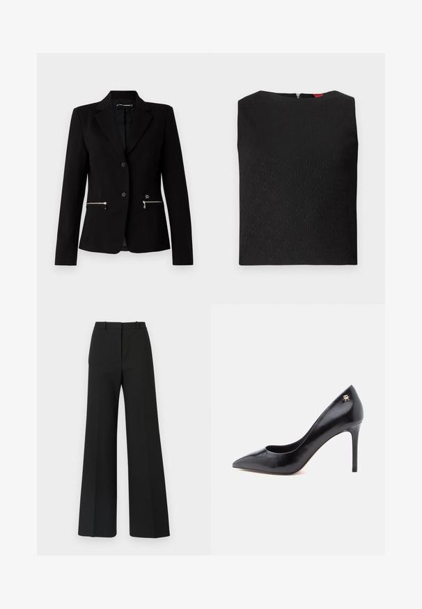 Schwarzer taillierter Blazer mit einem Ein-Knopf-Verschluss, silbernen Reißverschlusstaschen und einem eleganten Design. Hergestellt aus einem glatten, robusten Stoff.; Schwarzes ärmelloses Top mit strukturiertem Muster, quadratischem Ausschnitt und einem Reißverschluss im Rücken. Merkmale von Logo- Akzenten, die subtil in den Stoff eingewebt sind.; Schwarze weite Hosen mit maßgeschneidertem Design, das eine glatte Textur und subtile Falten an der Vorderseite aufweist. Keine sichtbaren Beschläge oder Muster.; Schwarzer Leder-Pumps mit hohem Absatz und spitzer Schuhspitze, mit einem Cut-out-Design und einem kleinen goldenen Logo-Akzent an der Ferse.