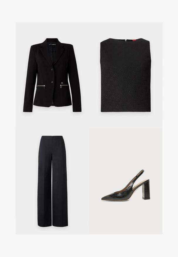 Zwarte op maat gemaakte blazer met een enkele knoopsluiting, zilveren ritszakken en een strakke uitstraling. Gemaakt van een gladde, stevige stof.; Zwarte mouwloze top met een gestructureerd patroon, vierkante halslijn en een rits aan de achterkant. Bevat subtiele logo-accenten in de stof geweven.; Zwarte wijde broeken van een gladde stof. Heeft een hoge tailleband en schone, rechte lijnen zonder zichtbare zakken of versieringen.; Zwarte leren slingback schoen met spits toelopend neusje, hoge blokhak en beige binnenvoering tegen een effen lichte achtergrond.