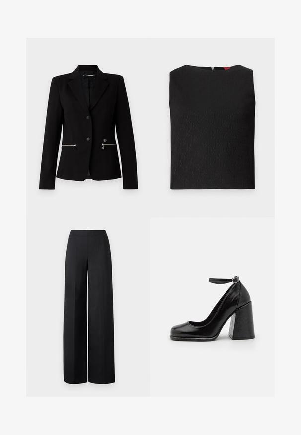 Schwarzer taillierter Blazer mit einem Ein-Knopf-Verschluss, silbernen Reißverschlusstaschen und einem eleganten Design. Hergestellt aus einem glatten, robusten Stoff.; Schwarzes ärmelloses Top mit strukturiertem Muster, quadratischem Ausschnitt und einem Reißverschluss im Rücken. Merkmale von Logo- Akzenten, die subtil in den Stoff eingewebt sind.; Schwarze weit geschnittene Hosen aus glattem Stoff. Sie verfügen über einen hohen Bund und klare, gerade Linien ohne sichtbare Taschen oder Verzierungen.; HUGO KIORA - High Heel Pumps - black