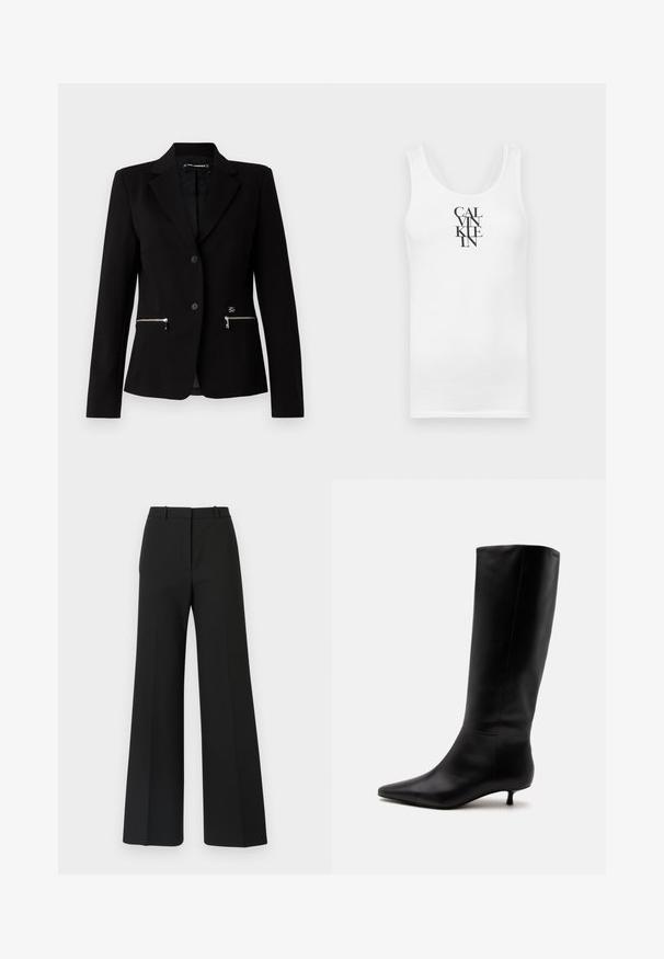 Zwarte op maat gemaakte blazer met een enkele knoopsluiting, zilveren ritszakken en een strakke uitstraling. Gemaakt van een gladde, stevige stof.; Witte tanktop met een ronde hals, gemaakt van katoen. Voorzien van verticale zwarte tekst "CALVINKLEIN" in een vette seriflettertype.; Zwarte wijde broek met een op maat gemaakt ontwerp, kenmerkend door een soepele textuur en subtiele plooien aan de voorkant. Geen zichtbare hardware of patronen.; Zwarte leren kniehoge laars met puntige neus en lage kittenhak tegen een effen lichte achtergrond.