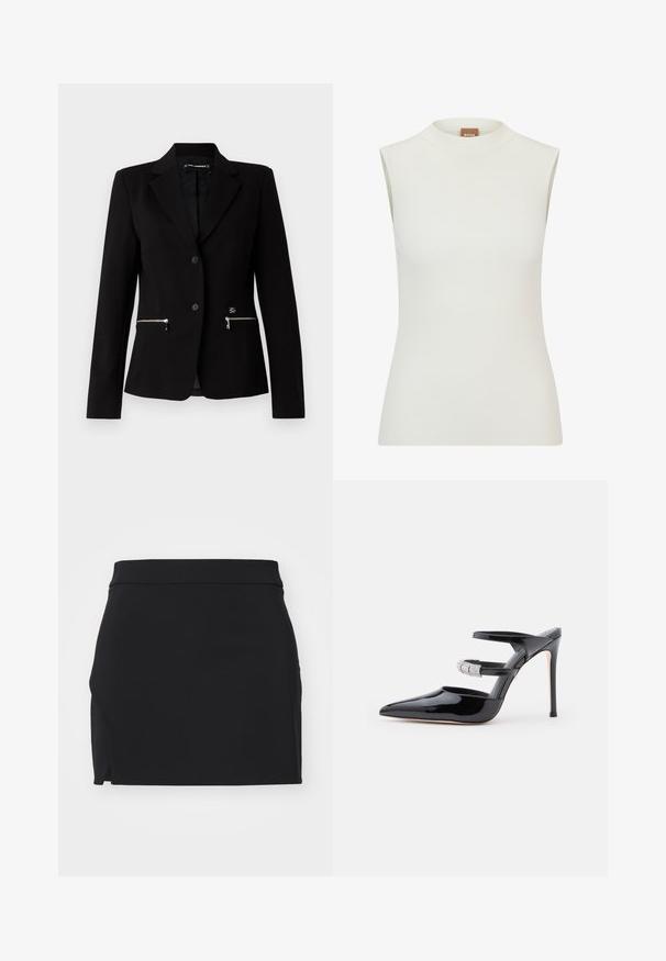 Sort skræddersyet blazer med en enkelt-knap lukning, sølvfarvede lynlåslommer og et elegant design. Lavet af et glat, holdbart stof.; Hvid, ærmeløs top med høj halsudskæring, der har en ribbet tekstur og et tætsiddende design. Brandlabel "BOSS" synlig på kraven.; Patrizia Pepe Mini skirts - nero; Sort patentlæder højhælede mule med spids tå, to remme over foden, hvoraf den ene er udsmykket med rhinsten, på en hvid baggrund.