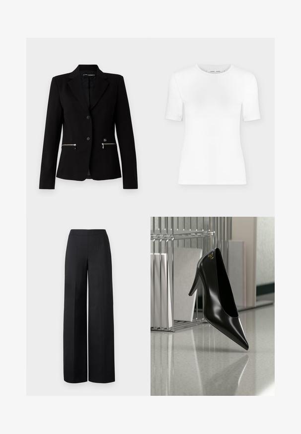 Blazer negro ajustado con cierre de un solo botón, bolsillos con cremallera plateados y un diseño elegante. Fabricado con una tela suave y resistente.; Camiseta blanca de manga corta con cuello redondo, ajuste slim y textura de tejido acanalado, mostrada sobre un fondo liso gris claro.; Pantalones de pierna ancha negros, hechos de una tela suave. Presentan una cinturilla alta y líneas rectas y limpias sin bolsillos visibles ni adornos.; Zapato de tacón alto negro con punta afilada y logo dorado, colocado sobre una superficie reflectante cerca de un organizador de archivos de alambre cromado con documentos.