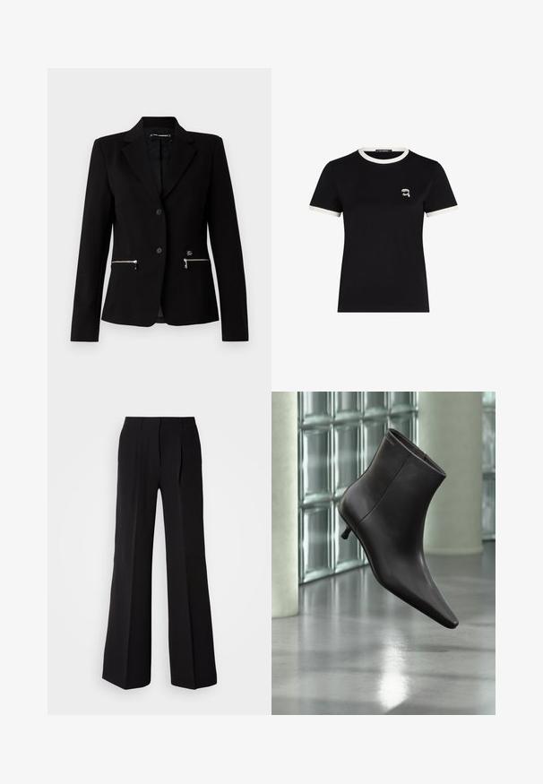 Sort skræddersyet blazer med en enkelt-knap lukning, sølvfarvede lynlåslommer og et elegant design. Lavet af et glat, holdbart stof.; Sort T-shirt med korte ærmer lavet af bomuld, med en kontrasterende hvid ribkant ved halsen og et lille broderet design på brystet.; Sorte bukser lavet af glat stof, med høj talje, bred ben silhuet og to frontfolder for ekstra design detaljer.; Sort læderankelstøvle med spids tå og lille hæl vist mod en væg af glasblokke og poleret gulv baggrund.