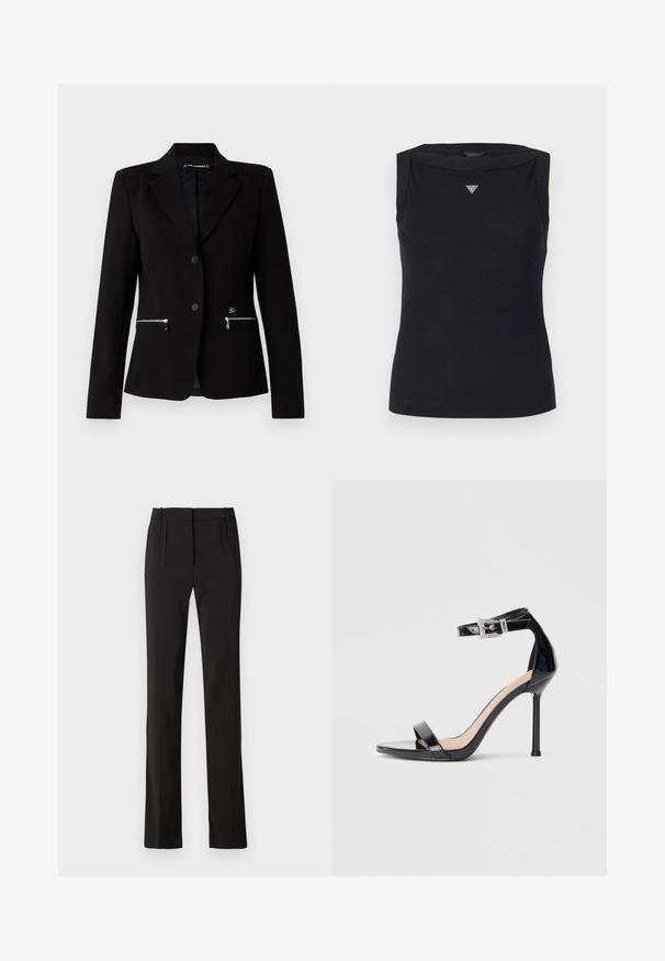 Sort skræddersyet blazer med en enkelt-knap lukning, sølvfarvede lynlåslommer og et elegant design. Lavet af et glat, holdbart stof.; Sort ærmeløs top lavet af bomuld, med bådudskæring og et lille krystal trekantlogo på brystet. Glat tekstur.; Sorte skræddersyede bukser med lige ben, to frontfolder og en glat stofstruktur. Ingen synlige lommer eller metaldele.; Sort højhælet sandal i laklæder med ankelrem. Har minimalistisk design, åben tå og spænde med rhinsten-detaljer.
