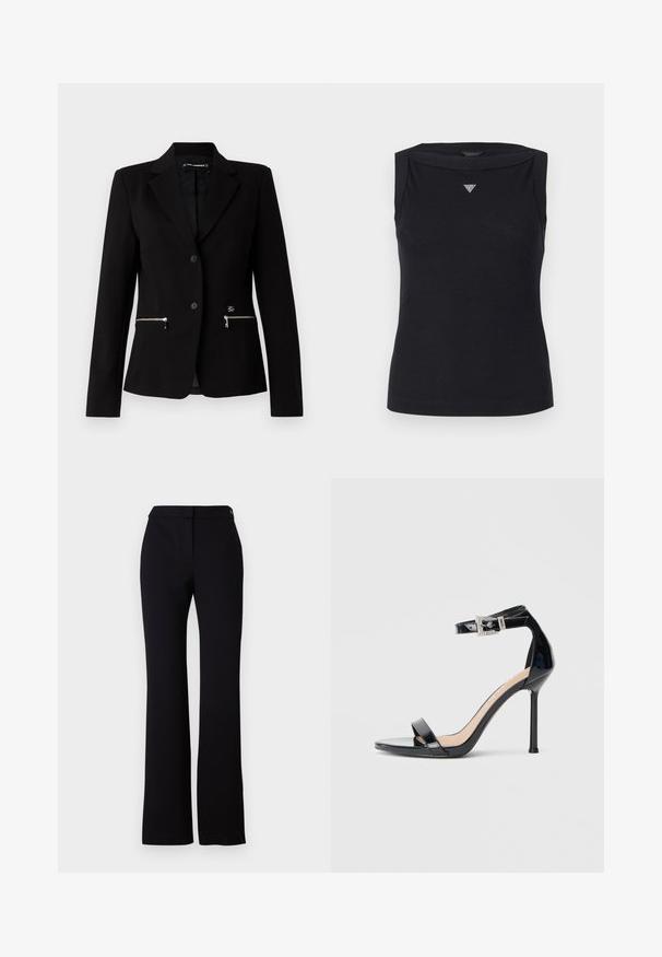 Sort skræddersyet blazer med en enkelt-knap lukning, sølvfarvede lynlåslommer og et elegant design. Lavet af et glat, holdbart stof.; Sort ærmeløs top lavet af bomuld, med bådudskæring og et lille krystal trekantlogo på brystet. Glat tekstur.; Sorte bukser med lige snit, glat tekstur og en talje med en enkelt knaplukning. Ingen synlige mønstre eller accenter.; Sort højhælet sandal i laklæder med ankelrem. Har minimalistisk design, åben tå og spænde med rhinsten-detaljer.